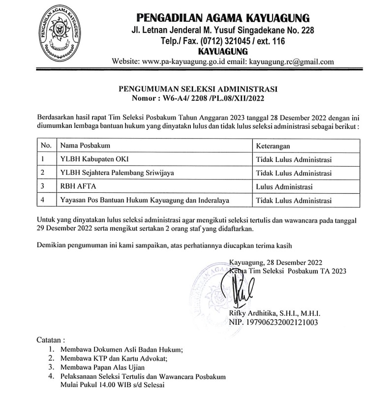 Pengumuman Seleksi Administrasi