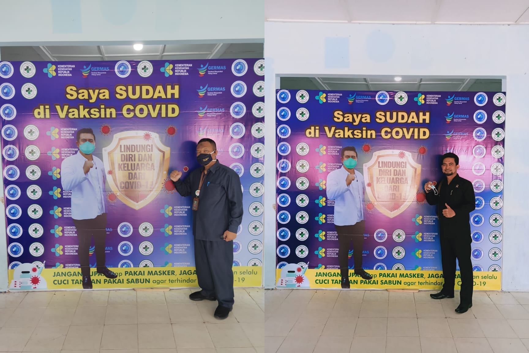 Sekretaris PA Kayuagung Bapak H. Annihrir, S.T., M.M dan Hakim Bapak Alimuddin, S.H.I., M.H. berfoto setelah melakukan Vaksinasi